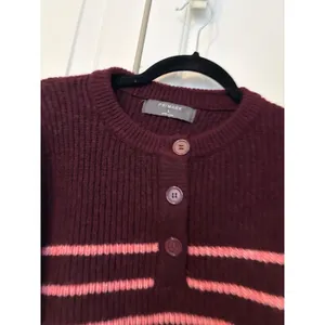 Primark Womens Henley‎ Striped Ribbed Knit Wool Blend Sweater Burgundy Pink L thumbnail 3