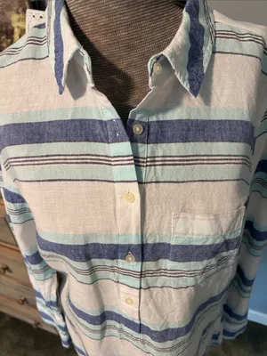 GAP Blue Linen Striped Button-Down Long Sleeve Shirt thumbnail 7