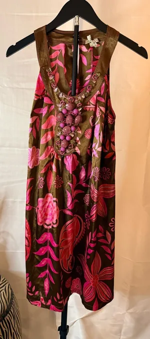 Vintage Y2K Women’s Satin Pink & Brown Floral Halter Dress w/ Beading McBling thumbnail 1