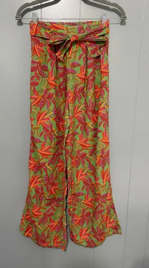 Midnight Sky Green Tropical Print Cotton Linen Blend Wide Leg Pull-on Pants S thumbnail 1