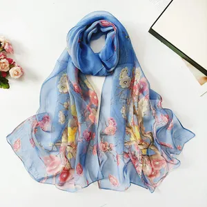 Deep Blue Floral Fashion Scarf - Women's Chiffon Printed Silk Soft Fashion Wrap thumbnail 1