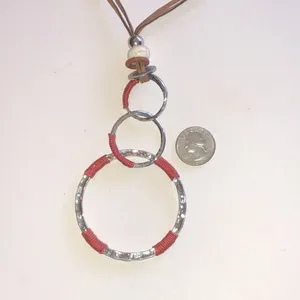 Silver Tone & Coral Red Triple Ring Boho Pendant Necklace thumbnail 3
