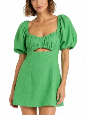 Runaway The Label Babydoll Green Puff Sleeve Mini Dress Size XS thumbnail 1