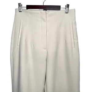 Zara Medium High Waisted Pleated Straight Leg Pants Cream Minimalist Cropped thumbnail 5