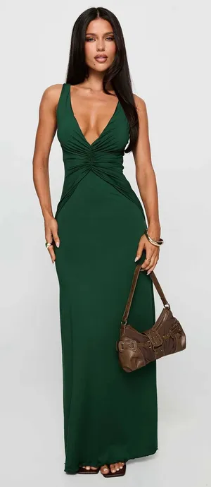 NWT Princess Polly Frederica Plunge Maxi Dress Forest Green thumbnail 1
