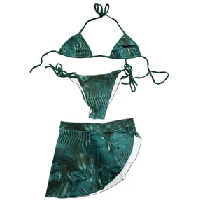 Unbranded Green Tropical Floral 3 Piece Triangle String Bikini Swimsuit Set XL thumbnail 2