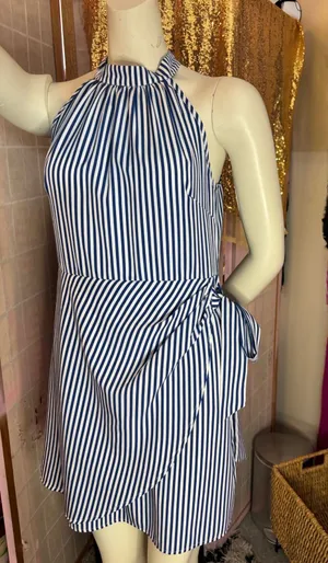 Blue and White Striped Halter Wrap Mini Dress Side Tie High Neck Nautical Summer thumbnail 1