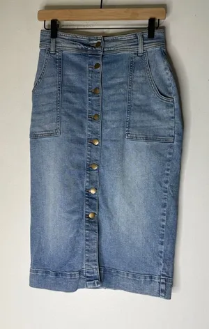 Evereve Dauntless Button Front Denim Midi Pencil Skirt‎ Sz 26 thumbnail 1