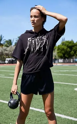Free People Movement‎ Freestyle black Embroidered Short Sleeve Hoodie Size XS thumbnail 1