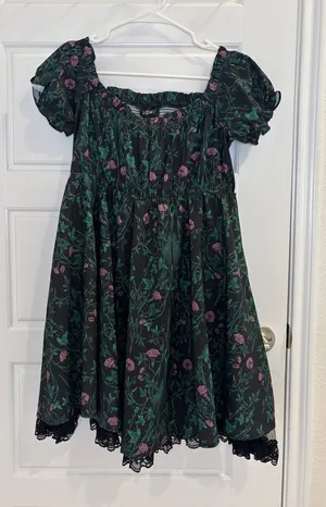 Dolls Kill Widow Size L Floral Puff Sleeve Lace Trim Mini Dress Gothic thumbnail 1