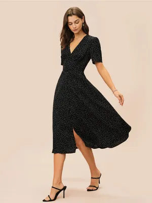 Rihoas Black V Neck Polka Dot Midi Dress thumbnail 5