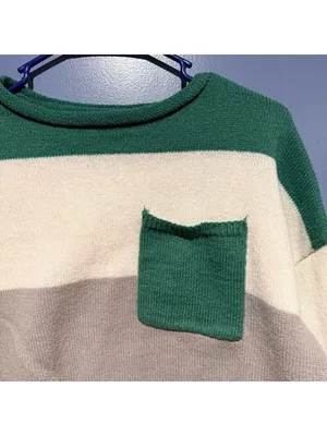 Large Striped Polyester Sweater in Green and Cream thumbnail 2