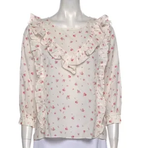 LoveShackFancy Cream & Pink Floral Print Ruffle Blouse thumbnail 9
