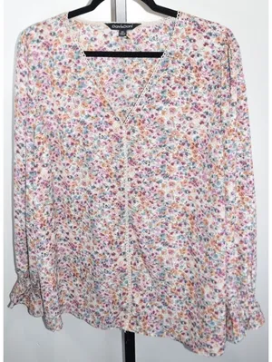Davi & Dani Ditsy Floral Crochet Trim Blouse, Cream Multi, Plus Size 2XL thumbnail 1