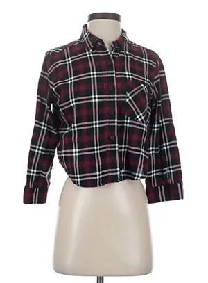 Forever 21 Burgundy and Navy Plaid Cropped Flannel thumbnail 1