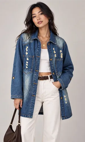 Woman Distressed Denim Jacket Shirt Dress Medium Medium Wash Long Sleeve thumbnail 1