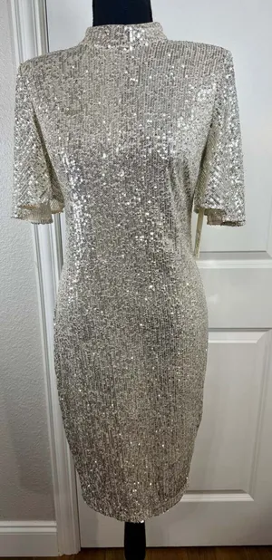 Eliza J Sequin Flutter Sleeve Sheath Dress in Silver thumbnail 1