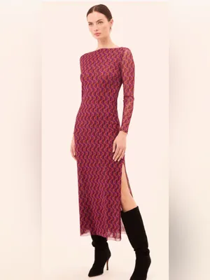 MISA Los Angeles MISA Vivian Geo Sixty Mesh Midi Dress M Retro 60’s Mod Bodycon Side Slit Autumn thumbnail 3