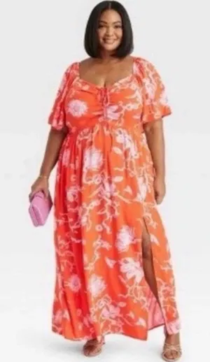 Ava & Viv Women’s Plus Size 3X Maxi Dress Orange Light Purple Floral Sweetheart thumbnail 1