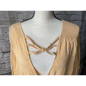 Free People Womens Shirt Sz S‎ Double Knot Peach Crop Top 3/4 Sleeve Open Front thumbnail 4
