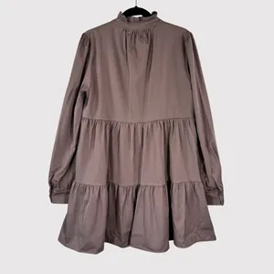 NWT En Saison Women Dress Brown Tiered Babydoll Mini V Neck Ruffle A Line Medium thumbnail 3