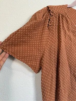 Johnny Was Brown Swiss Dot Boho Peasant Blouse L Ruffle V-Neck Top thumbnail 5
