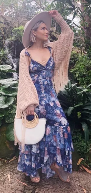 Anthropologie Hurch Blue Floral‎ Tiered Maxi Dress size 6 thumbnail 1