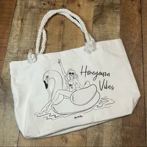 Honeymoon Vibes Miss to Mrs White Canvas Nautical Rope Bag Tote Carryall thumbnail 1