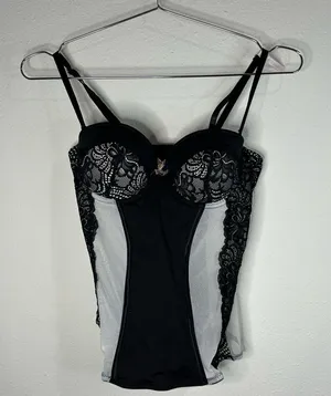 Daisy Fuentes Black Lace Bustier Corset Top Medium Sheer Underwire Lingerie thumbnail 1