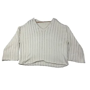 Rolled Hem Sweater Cream V-Neck‎ Wide Ribbed Casual Boho Office Neutral Plus 3XL thumbnail 4