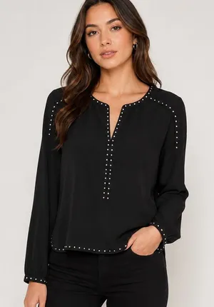 Express Black Stud-Trim Long-Sleeve Women’s Top thumbnail 1