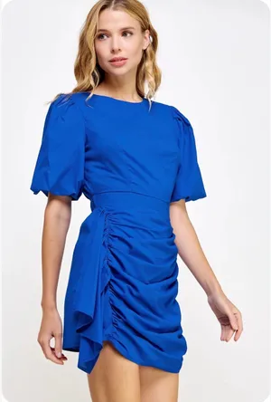 Golden Have it All Puff-Sleeve Ruched Mini Dress in Royal Blue Size S NWT thumbnail 1