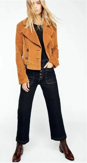 Free People Corduroy Jacket Relaxed Double Breasted Peacoat Golden Brown thumbnail 1