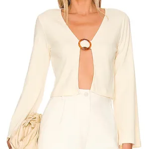 Callahan New Open Front Ring Bell Sleeve Ribbed Vera Top Creme thumbnail 1