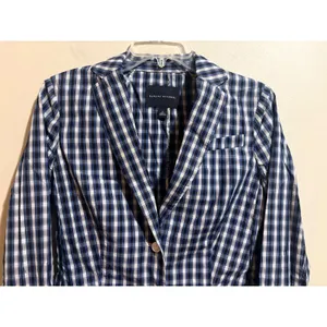 Banana Republic Plaid Blazer Women Small Navy Blue Excellent Cotton Shirt Jacket thumbnail 6