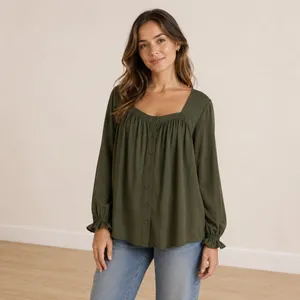 Time and Tru Maternity Olive Green Square Neck Button Front Blouse Smocked S‎ thumbnail 2