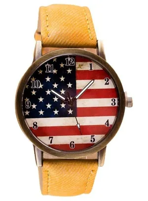 American Flag Watch w/‎ Yellow Wrist Strap - Faux Leather, Patriot USA Quartz thumbnail 1