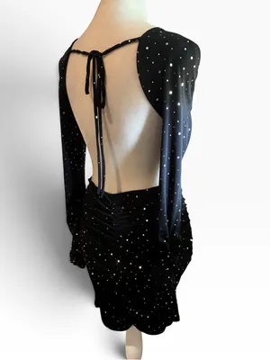 Black Backless Sparkle Ruched Long-Sleeve Mini Dress Brand New thumbnail 5