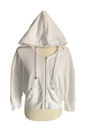 JUICY COUTURE-WHITE ZIP FRONT HOODIE-WOMENS SIZE SMALL Cozy white hooded zip-up jacket with drawstrings. Perfect for casual wear, 3/4 sleeves, gold hardware, J zipper pull, 100% cotton, has stretch, excellent condition Measurements: Bust: armpit to armpit 23-25 inches Length: shoulder seam to bottom 20 inches thumbnail 1