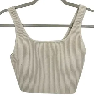 Babaton Ribbed Knit Square Neck Tank Top Sleeveless Crop Top Beige‎ Loungewear thumbnail 1