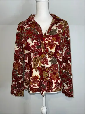 Women's Floral Paisley Orange Cream Red Paisley Blouse L thumbnail 1