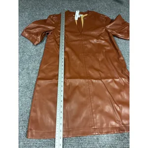 Steve Madden Cognac Brown Faux Leather V-Neck Puff Sleeve Mini Dress Size Medium thumbnail 8