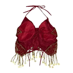 Y2K Beaded Butterfly Halter Top Red Gold Coin Fringe Festival Rave Fairycore S/M thumbnail 4
