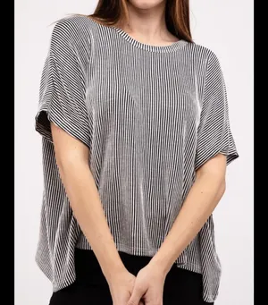 Adrianna Papell Boxy Knit Striped Short Sleeve Top Button Back XL Grey thumbnail 1