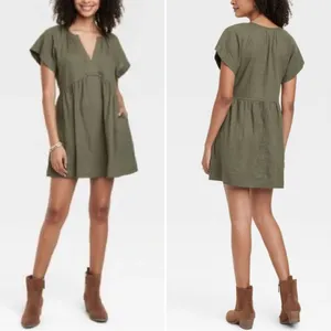 Universal Threads Linen Blend Olive Green Short Sleeves Shift Dress, Sz Large thumbnail 2
