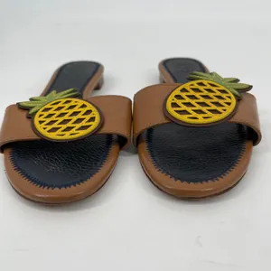 Tory Burch Brown Leather Pineapple Slide Sandals Size 5.5 Tropical Resort Luxury thumbnail 6