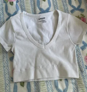 Garage White Ribbed V-Neck Tank Top thumbnail 1