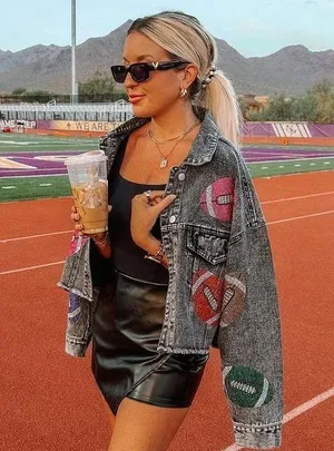 Denim rhinestone football jacket thumbnail 1