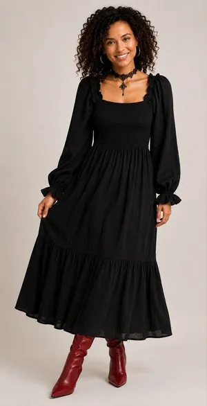 August Sky Smocked Maxi Dress S Black Long Sleeve Square Neck Cottagecore‎ Boho thumbnail 1