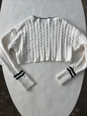 EDIKTED Cropped Cable Knit Ivory Stripe Contrast Sweater Preppy Academia Small thumbnail 4